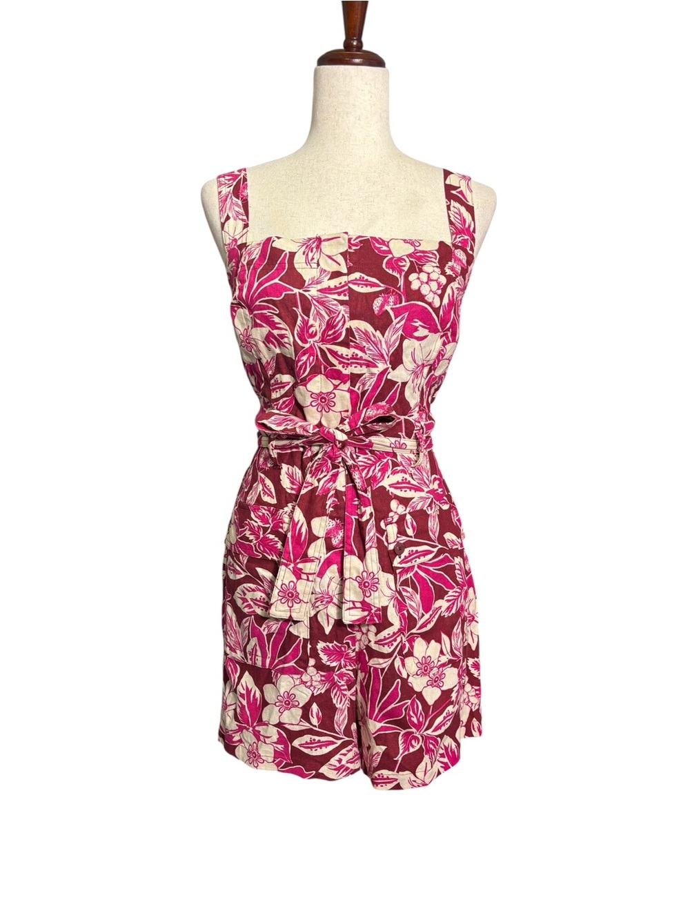 NWT Belle Vere Linen Blend Tropical Floral Belted Romper Pink Women’s 12